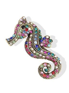 Multicolor Crystal Rhinestone Seahorse Gold Tone